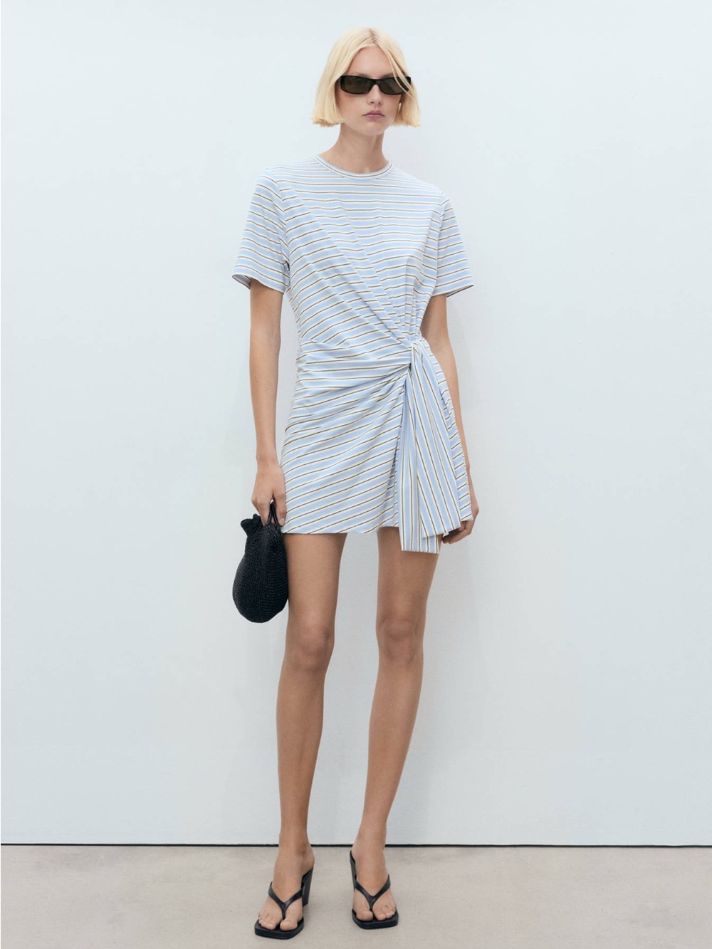 Mango Striped Tie-Waist Short Dress in Light Blue and white